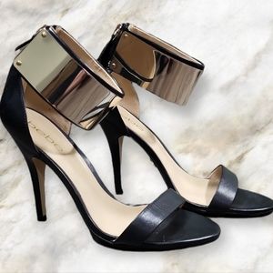 Bebe Open Toe Zipped Heel With Gold Tone Ankle Cuff Size 8 US